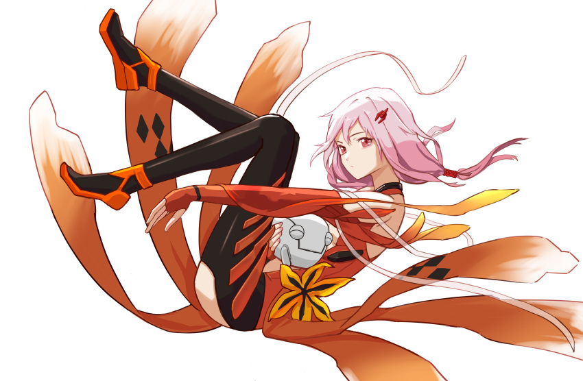 absurdres bare_shoulders black_thighhighs breasts center_opening cleavage detached_sleeves elbow_gloves female fingerless_gloves floating_hair from_side full_body fyu-neru gloves guilty_crown hair_ornament hairclip highres huazhaxuetu_xiaod legs_up long_hair looking_at_viewer medium_breasts pink_hair red_eyes red_sheet simple_background solo_focus thighhighs twintails white_background yuzuriha_inori