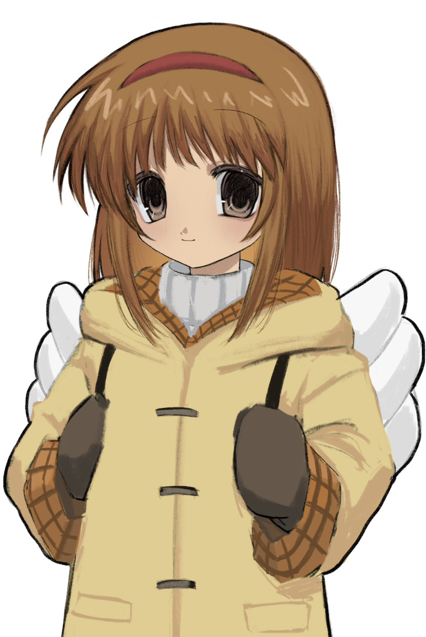 backpack bag brown_coat brown_eyes brown_hair brown_mittens coat cowboy_shot female hairband highres hood hooded_coat kanon looking_at_viewer mittens nemu_(zutto_oyasu3) red_hairband simple_background smile solo sweater tsukimiya_ayu white_background white_sweater winged_bag