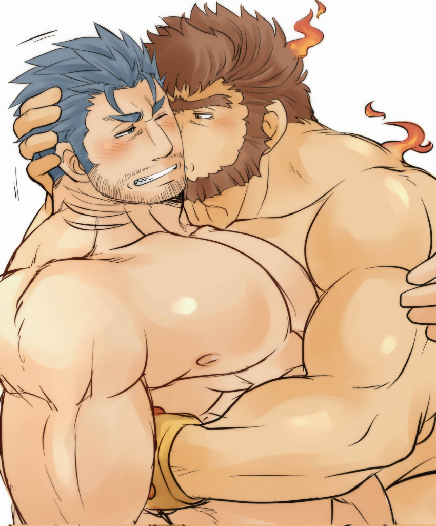 2boys bara beard blue_eyes blue_hair blush bracelet completely_nude couple facial_hair fins fire fish_boy forked_eyebrows half-closed_eyes hand_on_another's_arm hand_on_another's_head highres hug jewelry jinn_(housamo) kissing kissing_cheek large_pectorals male_focus mature_male multiple_boys muscular muscular_male nipples nude pectorals revision short_hair sideburns stomach stubble sunfight0201 teeth tokyo_afterschool_summoners triton_(housamo) unibrow upper_body yaoi