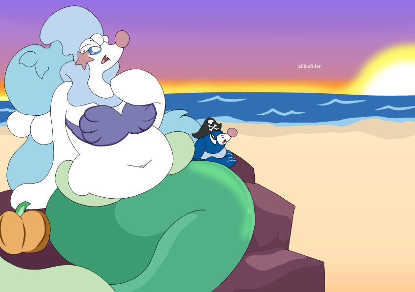 anthro duo female generation_7_pokemon halloween hi_res holidays navel nintendo overweight pokemon pokemon_(species) popplio primarina slightly_chubby sunset zilikslider