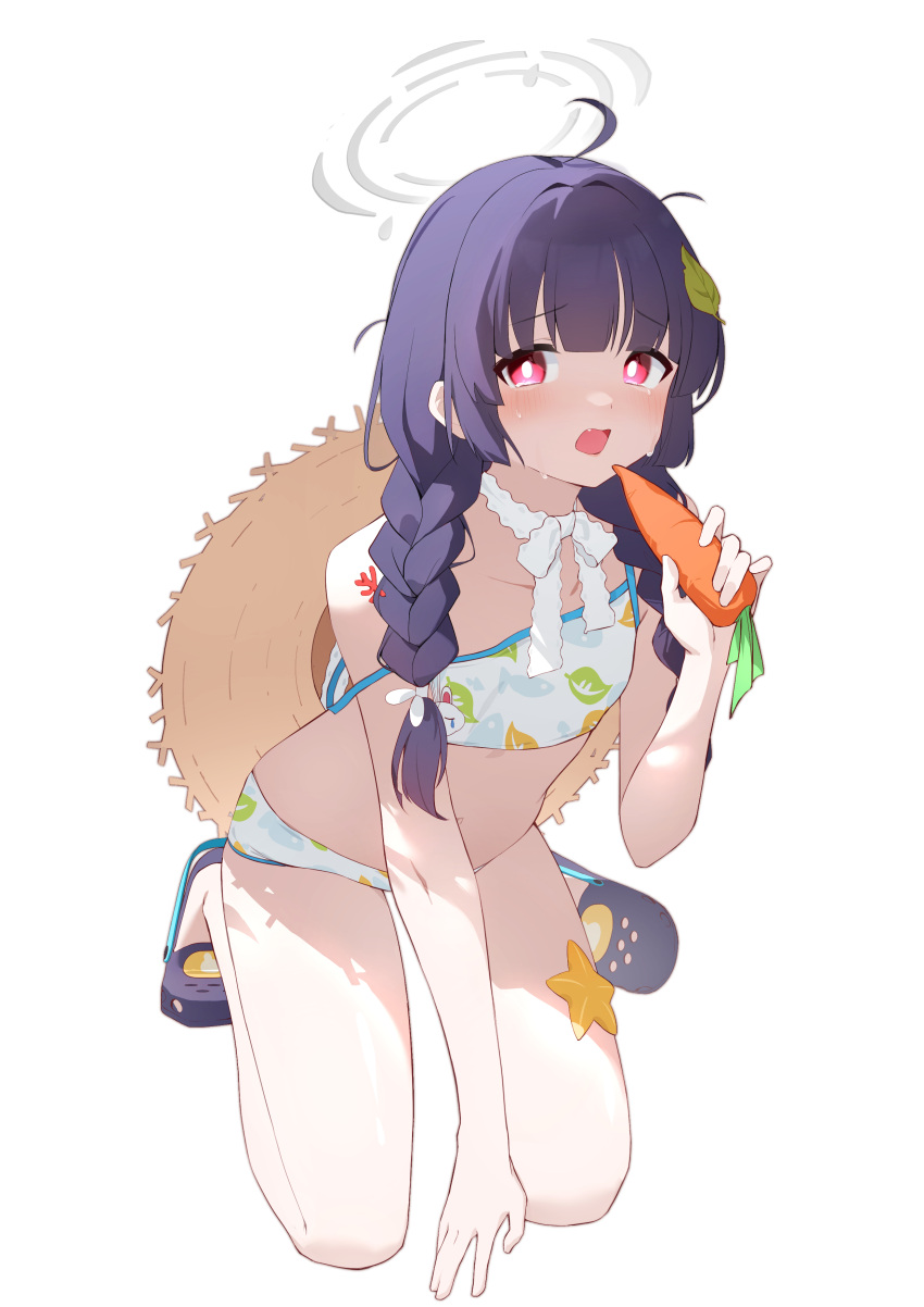 absurdres ahoge bikini black_hair blue_archive braid carrot choker crying female full_body grey_halo halo hat hgoo highres holding holding_carrot leaf leaf_on_head light_blush looking_at_viewer miyu_(blue_archive) open_mouth red_eyes ribbon_choker sandals simple_background solo starfish straw_hat swimsuit tears white_background