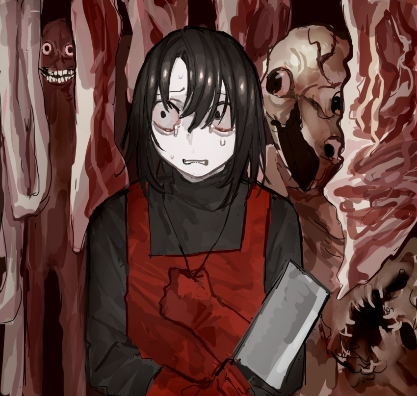 1other apron black_hair black_shirt bloodshot_eyes butcher colored_sclera colored_skin food gloves highres horror_(theme) intestines meat monster nervous original pink_sclera red_apron red_gloves scared shirt short_hair sweat teeth white_skin wuwuren