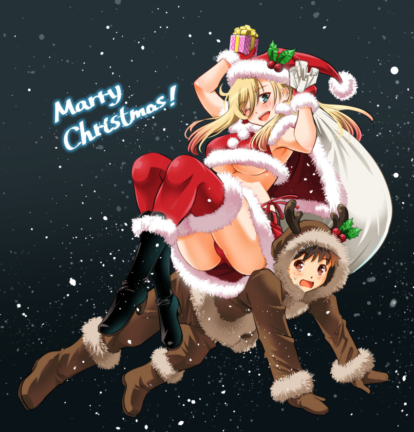 1boy ;d all_fours animal_costume bikini black_footwear blonde_hair blush boots breasts brown_hair capelet christmas commentary_request dark_background female fur-trimmed_bikini fur-trimmed_boots fur-trimmed_capelet fur-trimmed_headwear fur-trimmed_thighhighs fur_trim gift gradient_background hat highres holding holding_gift holding_sack kuzuryuu_hanako long_hair looking_at_viewer merry_christmas one_eye_closed open_mouth red_bikini red_capelet red_hat red_thighhighs reindeer_costume sack santa_bikini santa_capelet santa_hat saotome_hodaka short_hair sitting sitting_on_person smile snowing sogabe_toshinori sweat swimsuit thighhighs underboob yankee_jk_kuzuhana-chan