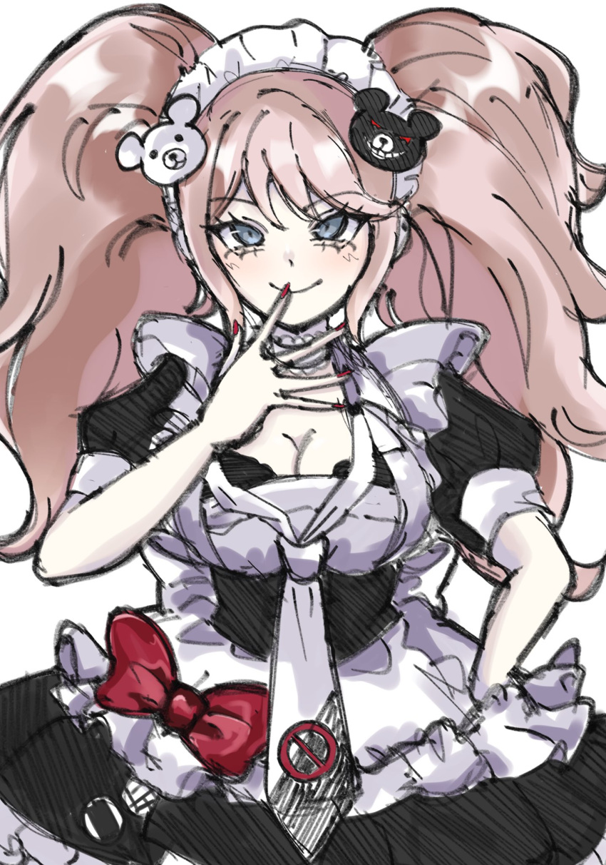 bear_hair_ornament black_dress blonde_hair blush bow breasts cleavage danganronpa:_trigger_happy_havoc danganronpa_(series) dress enoshima_junko female hair_ornament hand_up highres kappu_(wa_ppu) large_breasts maid_headdress necktie official_alternate_costume puffy_short_sleeves puffy_sleeves red_bow red_nails short_sleeves smile solo twintails