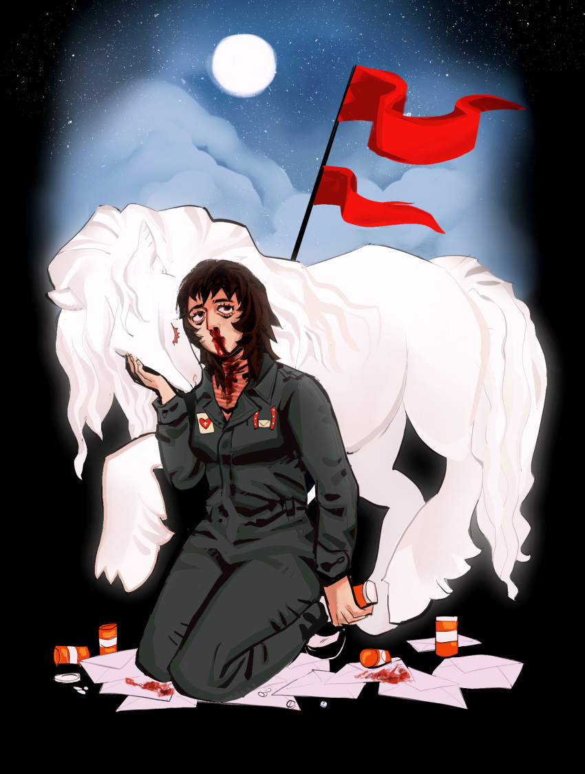 anya_(mouthwashing) bags_under_eyes black_eyes black_hair bleeding blood drugs envelope excessive_nosebleed female flag highres horse kneeling long_sleeves moon mourninglamby_(mimi) mouthwashing nosebleed outdoors pill pill_bottle starrysky