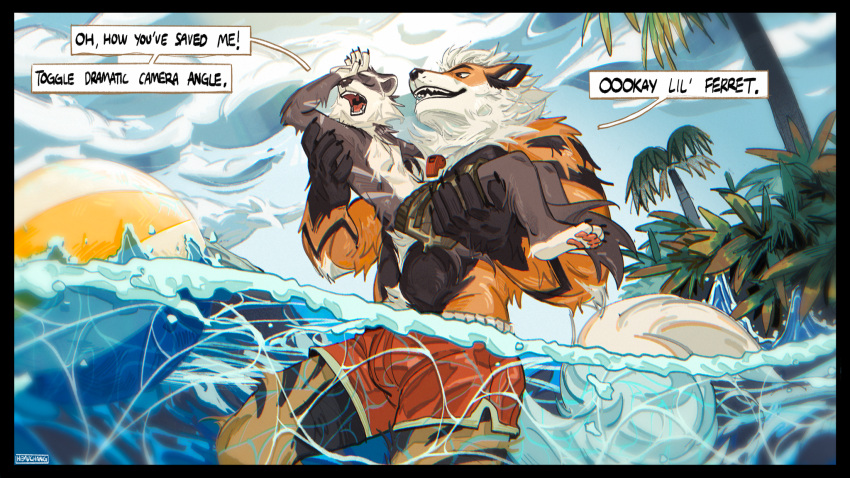 16:9 2024 anthro anthro_on_anthro anthrofied arcanine barefoot big_muscles black_border body_hair border bulge carrying_another chest_hair claws closed_eyes clothed clothing cloud day detailed_background dialogue domestic_ferret drama_queen dramatic_pose dripping duo english_text feet fur generation_1_pokemon happy_trail hemuchang hi_res humor leaf lifeguard looking_at_another male male/male mammal muscular muscular_anthro muscular_male mustelid musteline nintendo open_mouth open_smile outside palm_tree partially_submerged pawpads plant pokemon pokemon_(species) pokemorph pose romantic romantic_couple signature size_difference sky smile standing sun swimming_trunks swimwear talking_to_another teeth text tongue topless topless_anthro topless_male tree true_musteline tuft water weasel wet wet_body wet_fur whistle_(object) widescreen