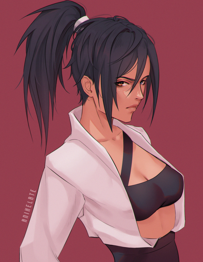 anihelate artist_name black_hair breasts brown_eyes cleavage crop_top female genderswap_(mtf) high-waist_pants highres light_frown medium_breasts naruto_(series) naruto_shippuuden pants ponytail profile red_background rule_63 solo uchiha_sasuke upper_body