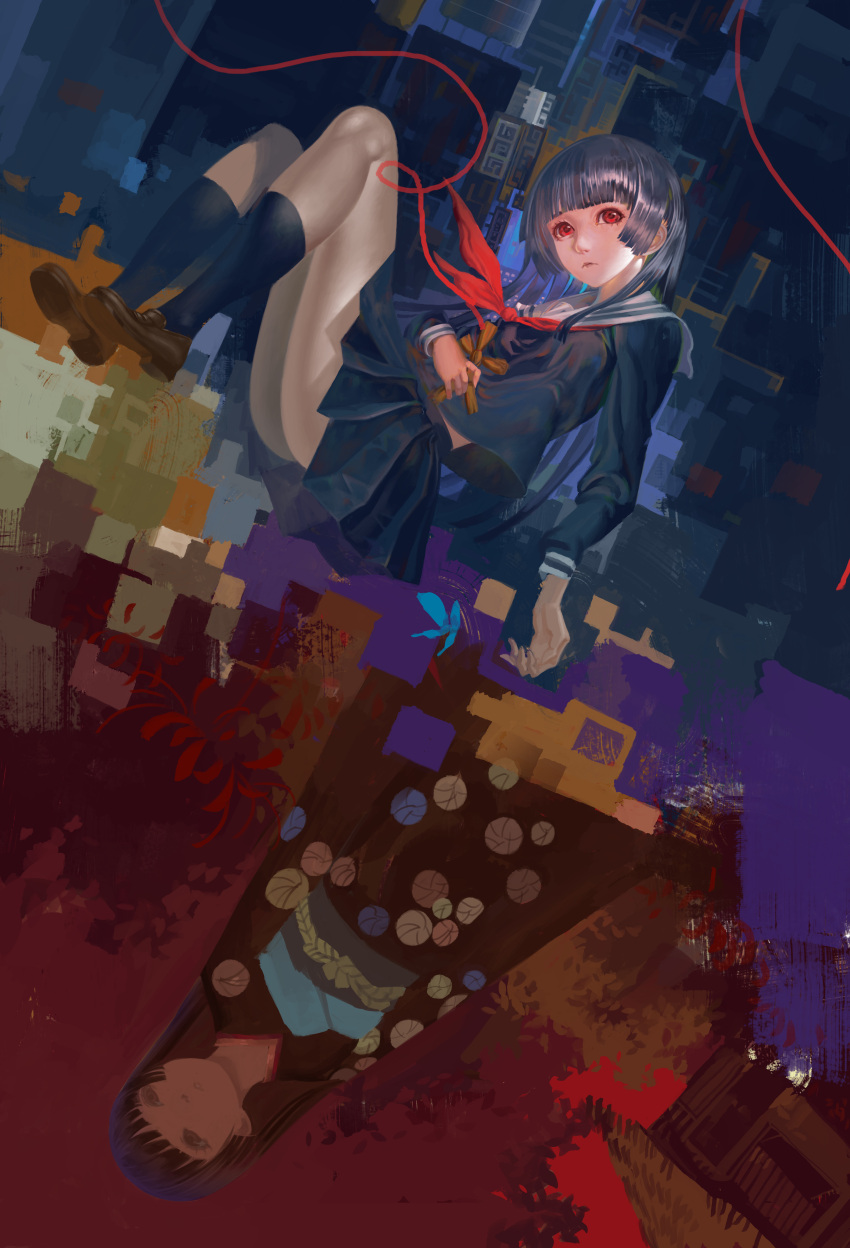 2girls abstract_background absurdres architecture autumn_leaves black_hair black_kimono black_serafuku black_skirt black_socks blue_butterfly blunt_bangs blunt_sidelocks bug butterfly city east_asian_architecture highres hime_cut japanese_clothes kimono kneehighs loafers long_hair multiple_girls neckerchief obi pleated_skirt red_eyes red_neckerchief red_sky sailor_collar sash school_uniform serafuku shoes skirt sky socks straw_doll string string_of_fate wedee white_sailor_collar yukata