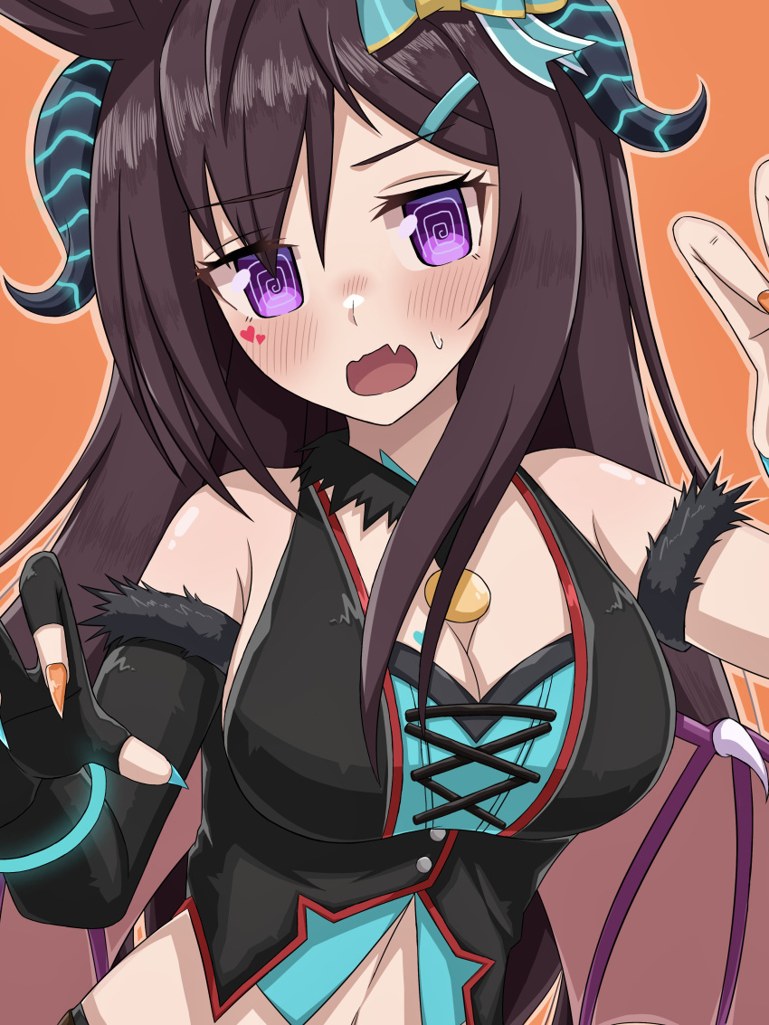 @_@ absurdres alternate_costume breasts brown_background cleavage collarbone female fingernails hair_ornament hairclip halloween highres horns horse_girl long_hair looking_at_viewer medium_breasts mejiro_dober_(umamusume) navel paint_rice paw_pose portrait simple_background solo umamusume