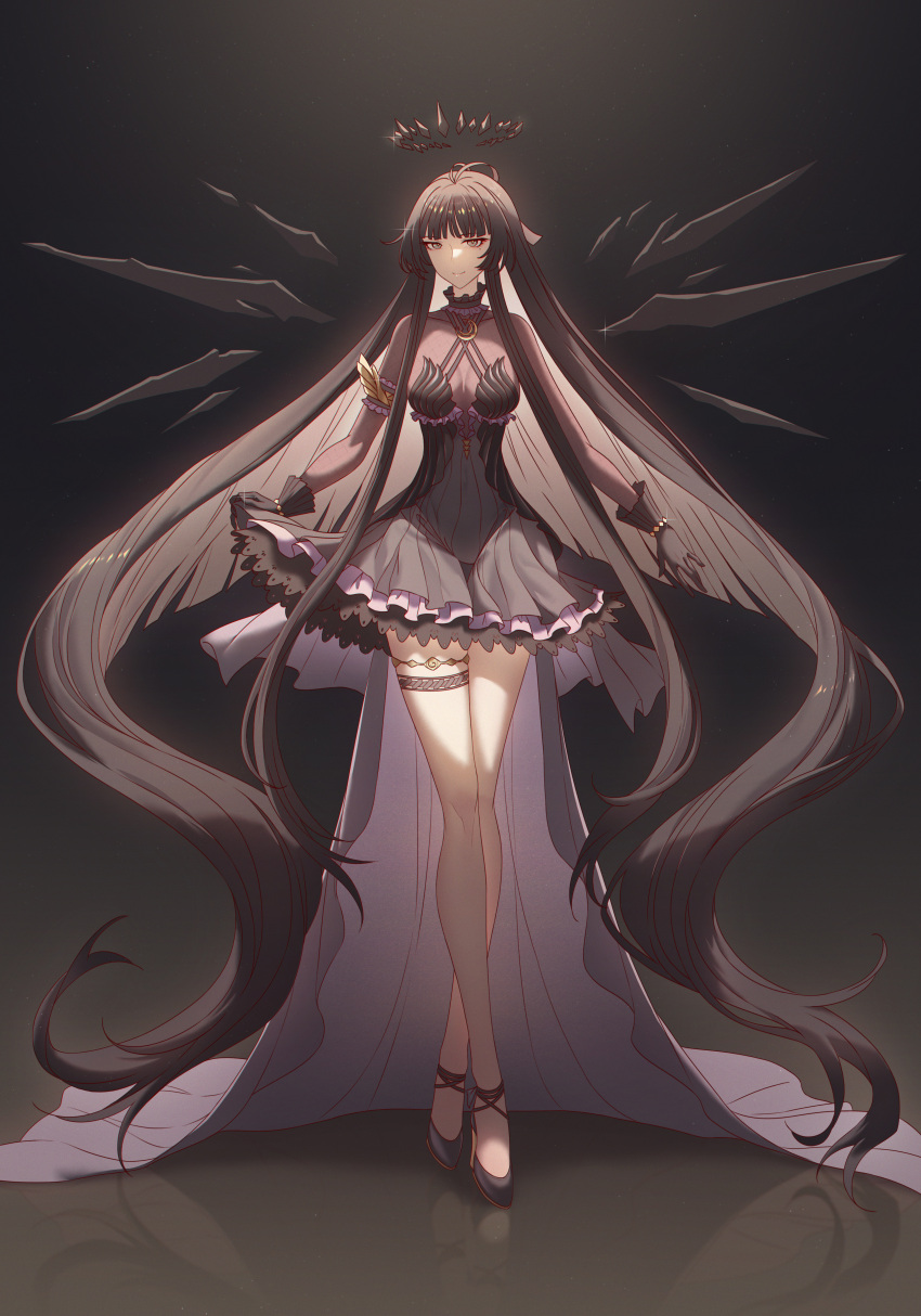 absurdly_long_hair absurdres antenna_hair arknights armlet black_collar black_dress black_eyes black_footwear black_gloves black_hair black_halo black_wings bodystocking breasts breasts_apart broken_halo brooch chromatic_aberration closed_mouth collar collarbone colored_inner_hair commentary crossed_legs dark_halo detached_wings dress energy_wings eyeliner female frilled_collar frills full_body glint gloves grey_hair halo high-low_skirt high_heels highres innoarukugyou jewelry knees layered_dress legs light_particles lips long_hair long_sleeves looking_at_viewer makeup medium_breasts mole mole_under_eye multicolored_hair official_alternate_costume red_eyeliner reflection see-through_clothes shade sidelocks skin_tight skirt_hold smile solo standing strappy_heels symbol-only_commentary thigh_strap thighs two-tone_hair very_long_hair virtuosa_(arknights) virtuosa_(diversity_oneness)_(arknights) wings yellow_pupils