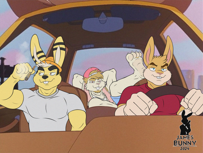 2024 anthro car clothed clothing dated driving drugs fvorte_(character) group hi_res james_bunny jamesbunny007 lagomorph leporid male mammal marijuana mark_(markybuns) rabbit signature smoking smoking_marijuana trio vehicle