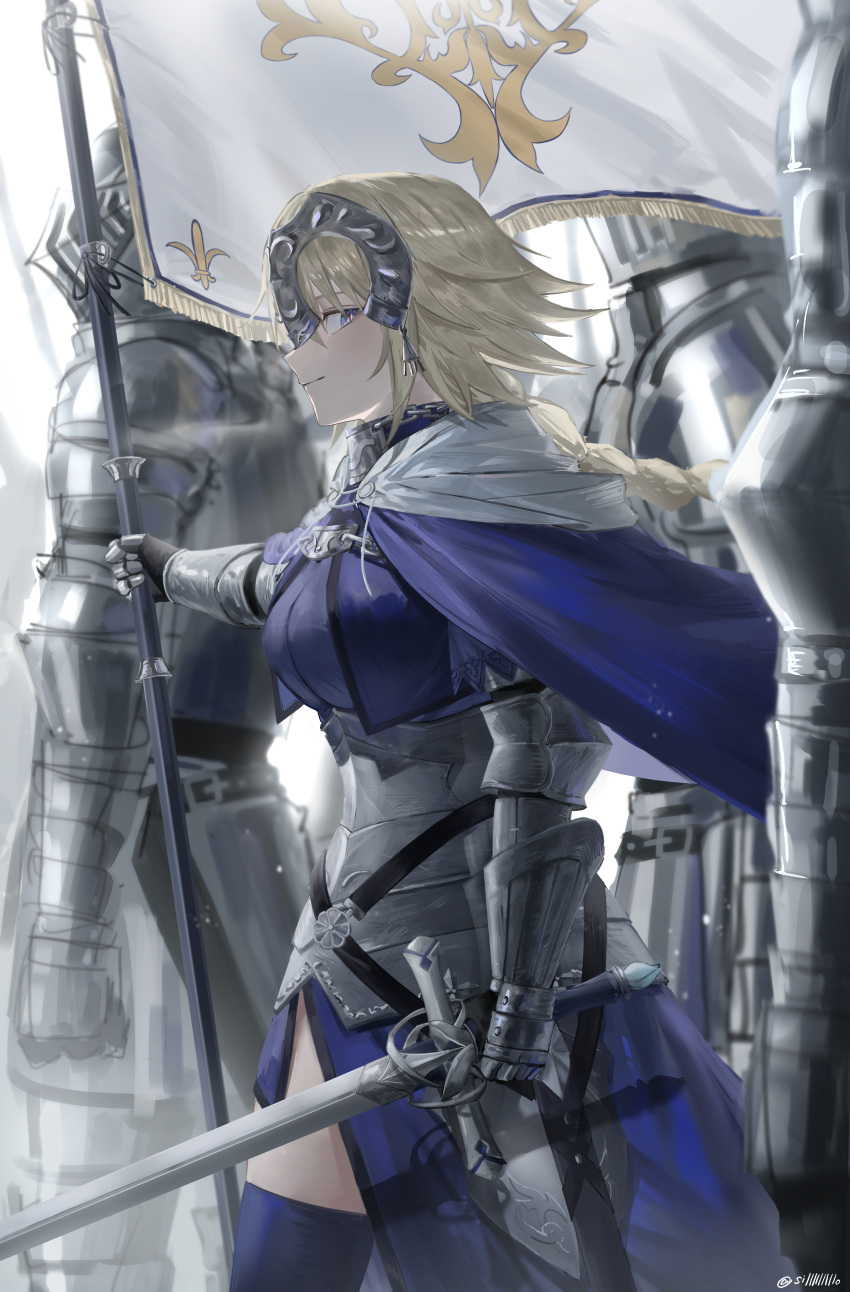 3others absurdres armor armored_dress artist_name blonde_hair blue_eyes braid braided_ponytail breasts cape chains closed_mouth commentary couter cowboy_shot fate/grand_order fate_(series) faulds female flag from_side full_armor gauntlets headpiece highres holding holding_flag holding_sword holding_weapon jeanne_d'arc_(fate) knight large_breasts long_braid looking_to_the_side multiple_others outdoors profile shiro_(siro_kuten) signature single_braid smile solo_focus standard_bearer standing sword thighhighs vambraces weapon