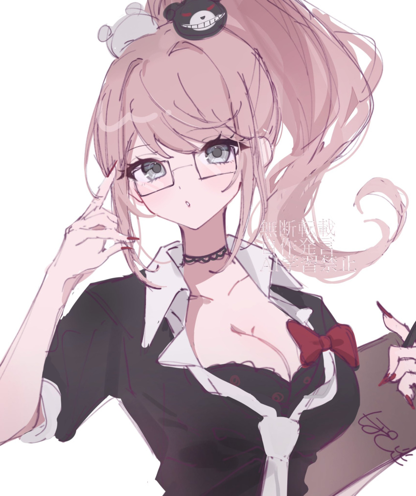 :o bear_hair_ornament black_bra black_shirt blonde_hair bow bra breasts cleavage danganronpa:_trigger_happy_havoc danganronpa_(series) enoshima_junko female glasses hair_ornament hand_up highres holding large_breasts nail_polish necktie official_alternate_hairstyle ponytail pote_(pote_39) red_bow red_nails shirt simple_background solo underwear upper_body white_background white_necktie