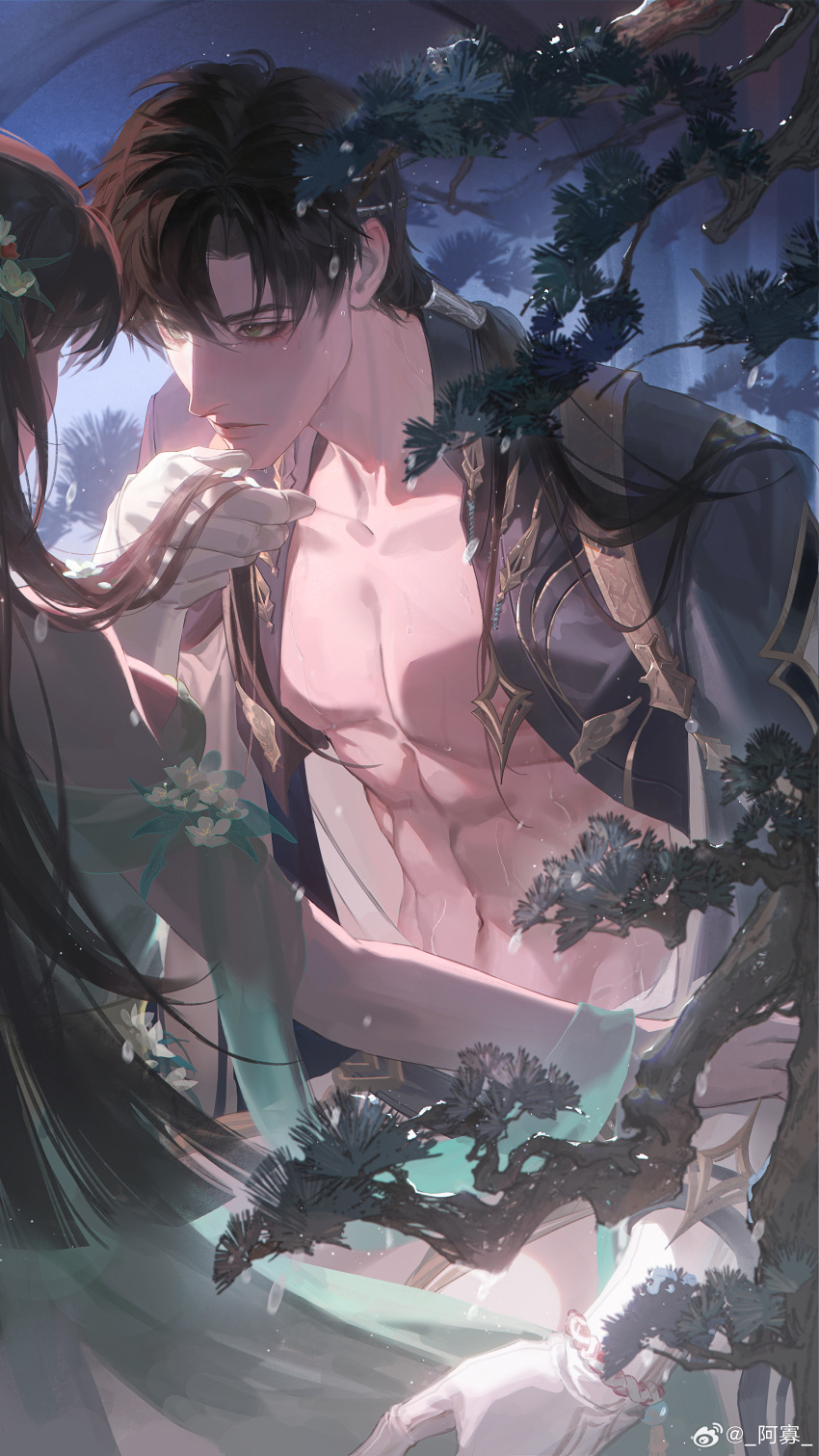 1boy abs absurdres branch brown_hair chinese_clothes closed_mouth collarbone couple female flower gloves green_eyes hair_ornament hanfu highres jasmine_(flower) lips long_hair long_sleeves looking_at_another love_and_deepspace low_ponytail night night_sky outdoors parted_bangs pectorals platinalsh ponytail protagonist_(love_and_deepspace) red_flower sky snow star_(sky) sweat sweatdrop weibo_logo weibo_watermark white_flower white_gloves zayne_(love_and_deepspace)