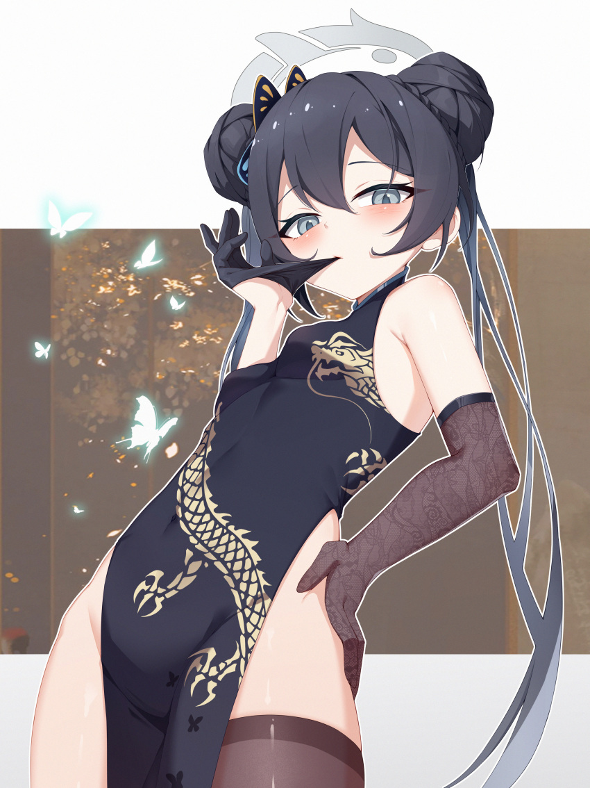 absurdres asymmetrical_gloves black_dress black_gloves black_hair blue_archive blush breasts butterfly_hair_ornament china_dress chinese_clothes covered_navel double_bun dragon_print dress elbow_gloves female gloves grey_halo hair_bun hair_ornament halo highres kisaki_(blue_archive) long_hair looking_at_viewer mengxin_huazha mouth_hold pelvic_curtain print_dress single_thighhigh sleeveless sleeveless_dress small_breasts solo thighhighs twintails