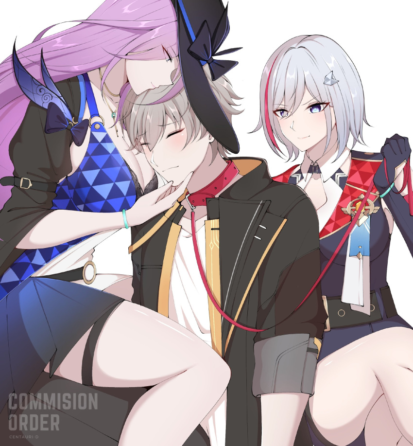 1boy 2girls black_bra black_hat bra bra_peek breasts caelus_(honkai:_star_rail) centauri-d cleavage collar commission femdom girl_sandwich grey_hair hat highres holding holding_leash honkai:_star_rail honkai_(series) jade_(honkai:_star_rail) large_hat leash multicolored_hair multiple_girls pet_play purple_hair red_collar sandwiched simple_background straight streaked_hair topaz_(honkai:_star_rail) trailblazer_(honkai:_star_rail) two-tone_dress underwear white_background white_hair