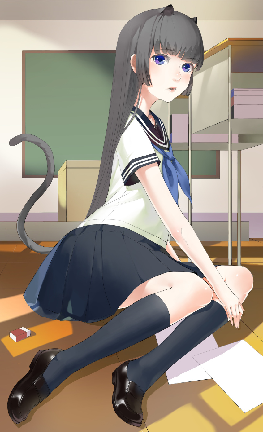 absurdres animal_ears black_sailor_collar black_skirt blue_eyes blue_neckerchief blunt_bangs blunt_sidelocks cat_ears cat_girl cat_tail chalkboard classroom desk eraser expressionless extra_ears female hand_on_own_leg highres hime_cut kneehighs light_blush loafers long_hair looking_at_viewer neckerchief on_floor original paper parted_lips pleated_skirt sailor_collar school_desk school_uniform serafuku shoes sitting skirt socks tail tile_floor tiles very_long_hair wedee yokozuwari