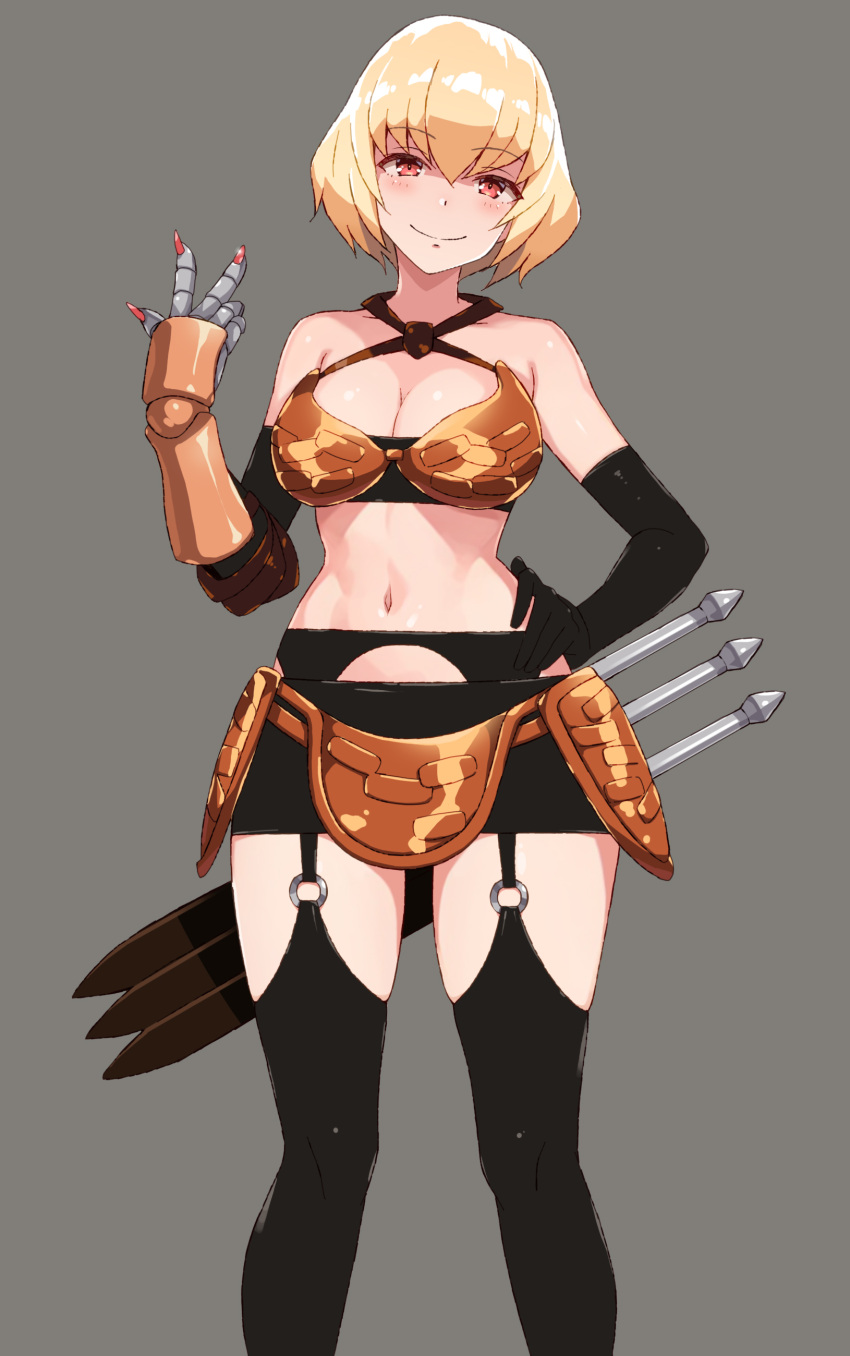 absurdres armor armpits bikini_armor blonde_hair blush breasts cleavage clementine_(overlord) dagger female garter_belt gauntlets gloves grey_background highres knife large_breasts looking_at_viewer nakamura_yukitoshi navel o-ring o-ring_legwear overlord_(maruyama) red_eyes short_hair shoulder_armor simple_background smile solo thighhighs weapon