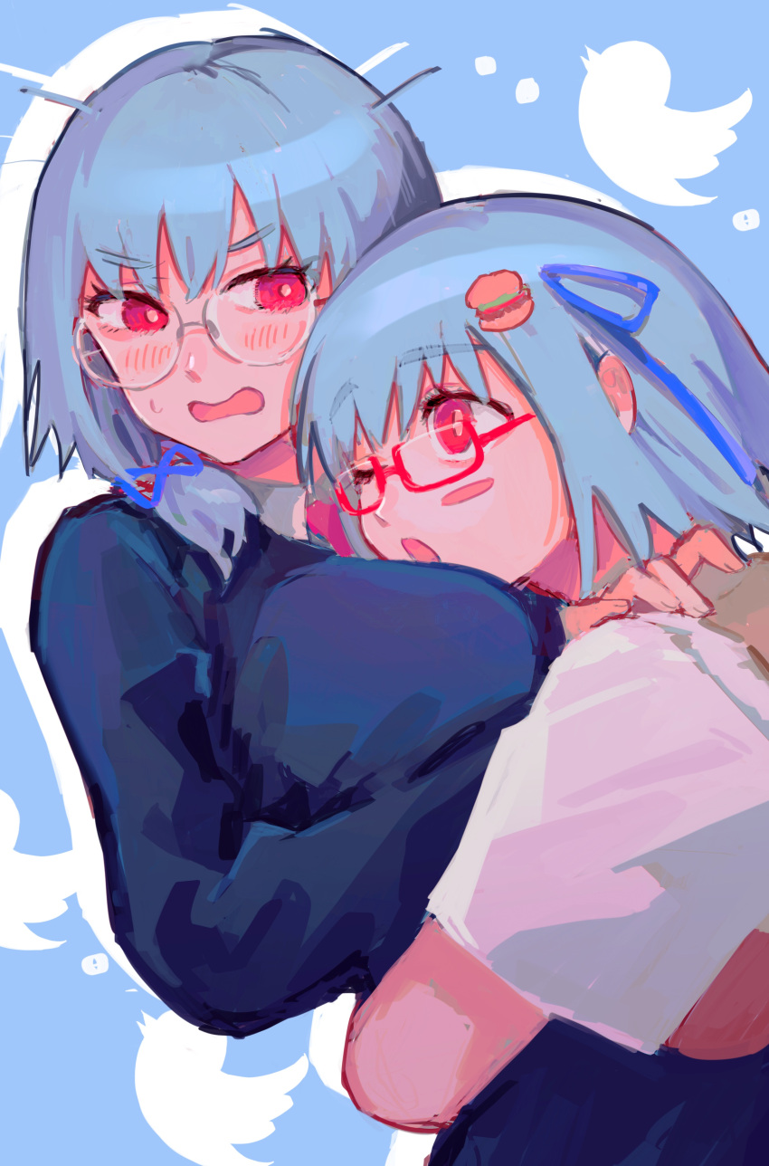 2girls absurdres blue_background blue_hair blue_ribbon blue_sweater blush blush_stickers borrowed_character breasts brown_vest character_background drop_shadow dual_persona embarrassed food-themed_hair_ornament forced_hug frown glasses hair_ornament hair_over_shoulder hair_ribbon hamburger-chan_(hundredburger) hand_on_another's_shoulder highres large_breasts long_sleeves looking_at_another medium_hair multiple_girls one_eye_closed open_mouth original pushing_away red-framed_eyewear red_eyes ribbon round_eyewear shironojiro shirt short_hair short_sleeves simple_background single_blush_sticker sweater twitter twitter_bird upper_body v-shaped_eyebrows vest white_shirt