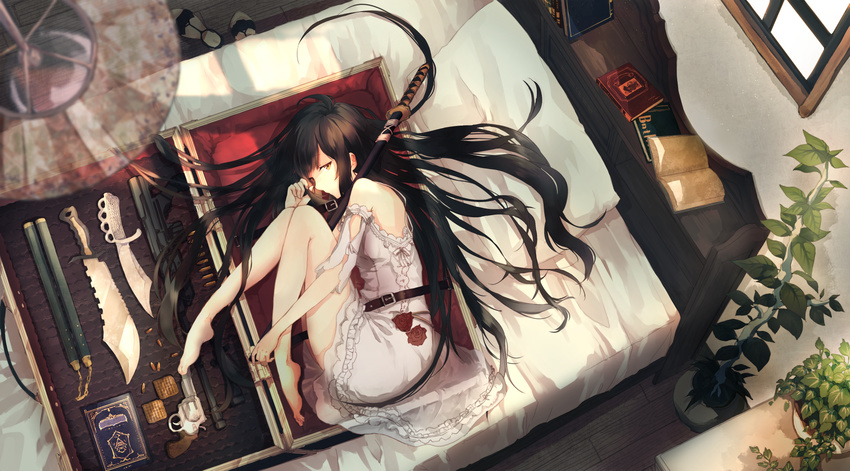 barefoot bed black_hair book dress flowers gun katana kei_(k_tmr) leaves long_hair original rose sword weapon yellow_eyes