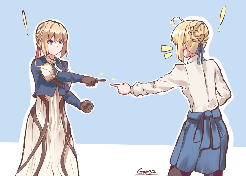 ! 2girls absurdres ahoge artist_name artoria_pendragon_(fate) blonde_hair blue_eyes blue_shirt blue_skirt braid braided_bun brooch brown_gloves commentary cropped_jacket crossover dress english_commentary fate/stay_night fate_(series) gar32 gloves hair_bun hair_ribbon highres jewelry long_sleeves look-alike marvel meme multiple_girls pantyhose pointing pointing_at_another pointing_spider-man_(meme) ribbon saber_(fate) shirt sidelocks single_hair_bun skirt spider-man_(series) violet_evergarden violet_evergarden_(series) white_dress white_shirt