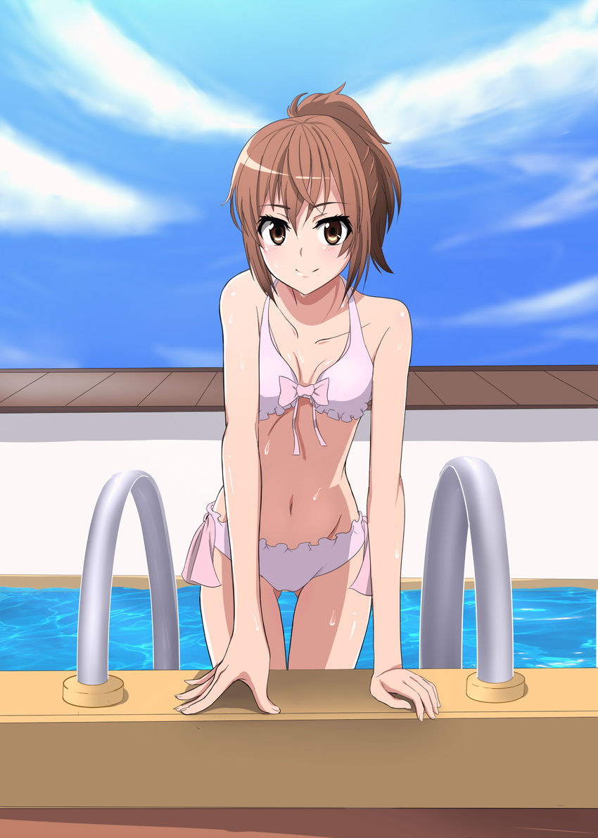 arice-spead-21 arm_support bikini brown_eyes brown_hair commentary_request female highres misaka_mikoto navel ponytail pool pool_ladder short_hair smile solo swimsuit thigh_gap toaru_kagaku_no_railgun toaru_majutsu_no_index water wet