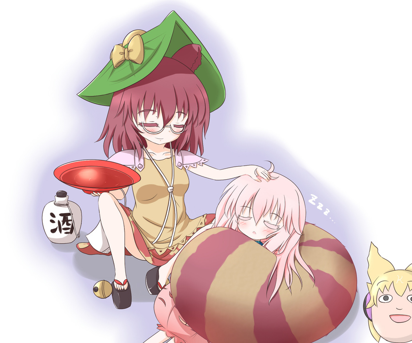 2girls animal_ears bell brown_hair closed_eyes commentary_request cup futatsuiwa_mamizou glasses gourd hat hata_no_kokoro headpat highres mofu_mofu multiple_girls new_mask_of_hope pink_hair raccoon_ears raccoon_tail sakazuki semi-rimless_eyewear sleeping tail tail_pillow touhou under-rim_eyewear zzz