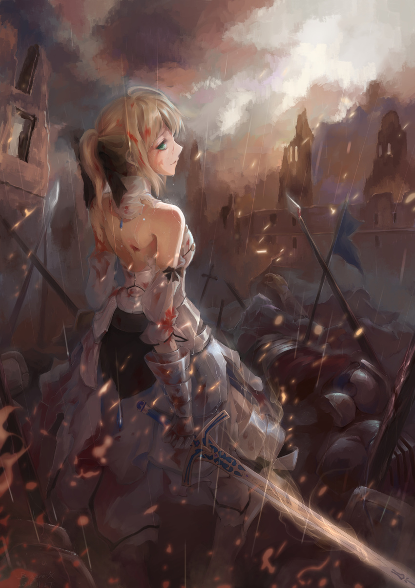 after_battle ahoge armor armored_dress artoria_pendragon_(fate) aura back bare_shoulders blonde_hair blood blood_in_hair blood_on_clothes blood_on_face bzerox caliburn_(fate) cloud cloudy_sky commentary_request corpse detached_sleeves dress embers fate/stay_night fate/unlimited_codes fate_(series) faulds female flag from_behind gauntlets green_eyes hair_ribbon halterneck highres holding holding_sword holding_weapon looking_back outdoors parted_lips polearm ponytail profile rain ribbon ruins saber_lily short_hair short_ponytail sky smoke solo spear sword weapon