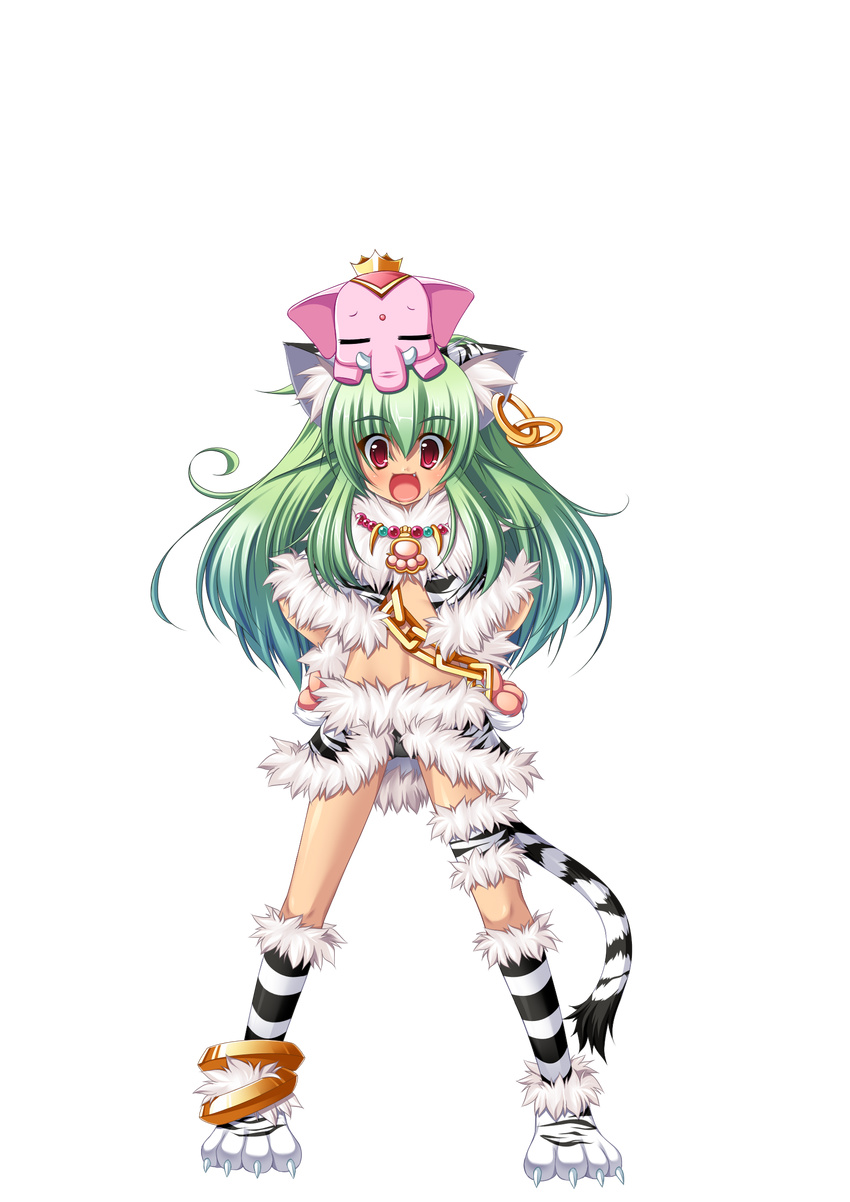 animal_ears animal_hands anklet black_panties cat_ears chains crop_top earrings elephant female full_body gloves green_hair hands_on_own_hips highres jewelry koihime_musou kuwada_yuuki long_hair midriff moukaku navel open_mouth panties paw_gloves paw_shoes red_eyes shoes skirt smile solo tail transparent_background underwear