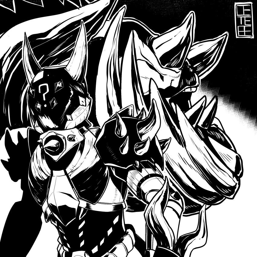 ? absurdres armor cete_(controllingtime) commentary_request fake_horns female full_armor greyscale helmet highres horned_helmet horns monochrome monster_hunter:_world monster_hunter_(character) monster_hunter_(series) radobaan radobaan_(armor) shoulder_spikes solo spikes