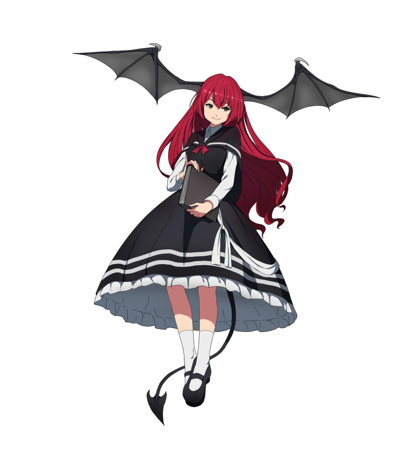 absurdres bad_id bad_twitter_id black_capelet black_dress black_footwear black_wings book capelet demon_girl demon_tail dress female floating floating_hair from_below full_body hair_between_eyes head_wings highres holding holding_book koakuma large_head_wings large_wings long_hair long_sleeves mary_janes non-web_source petticoat red_hair shirt shishi_osamu shoes simple_background smile socks solo tail touhou white_background white_shirt white_socks wings yellow_eyes