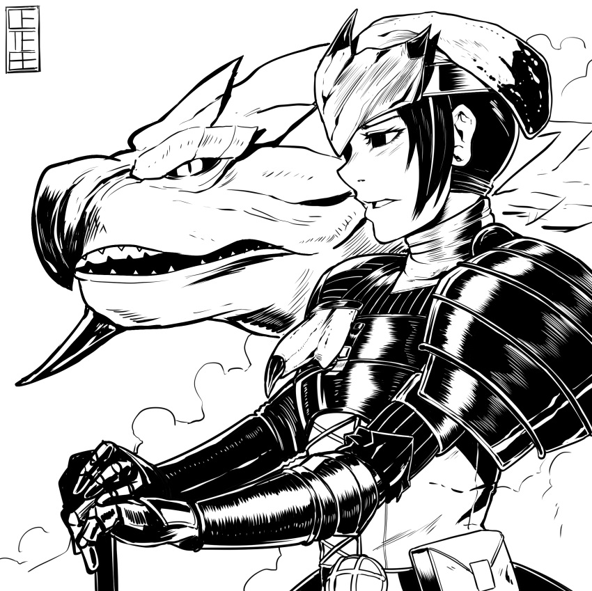 absurdres armor cete_(controllingtime) commentary_request female greyscale highres monochrome monster_hunter:_world monster_hunter_(character) monster_hunter_(series) open_mouth rathian rathian_(armor) solo