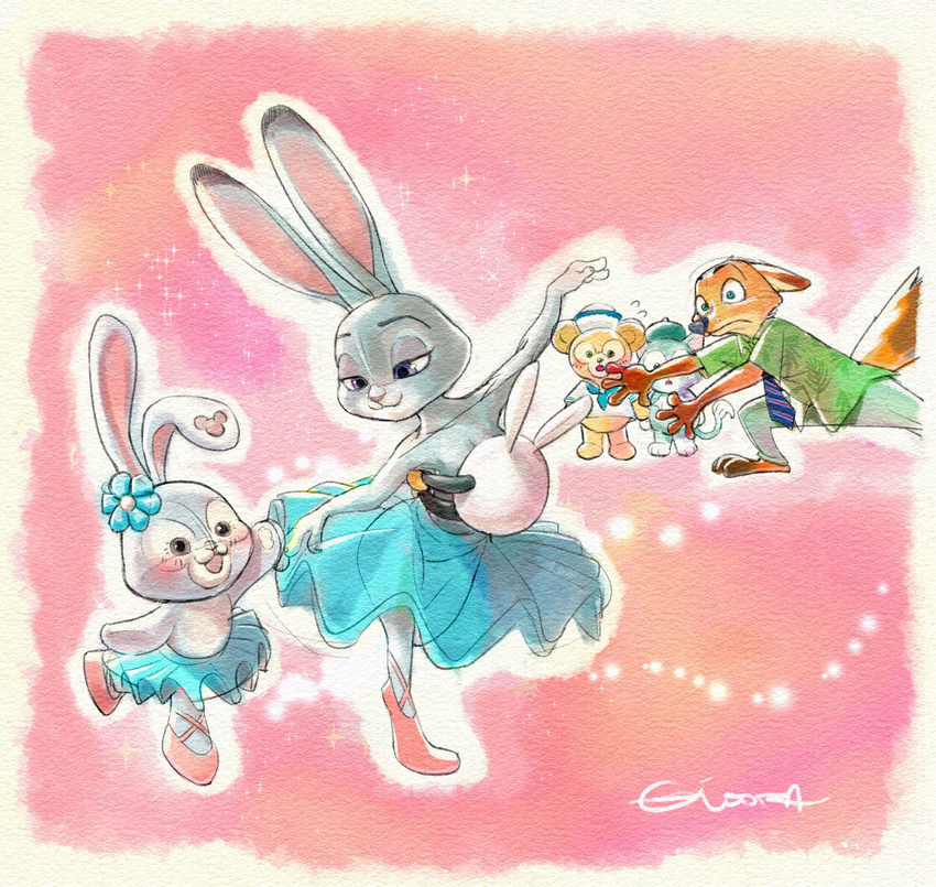 2017 aloha_shirt anthro ballerina ballet bottomwear canid canine clothed clothing dance_shoes dancewear disney duffy_and_friends duffy_the_disney_bear female footwear fox fur gelatoni gidora_(artist) grey_body grey_fur group hi_res judy_hopps lagomorph leporid male mammal nick_wilde orange_body orange_fur pattern_clothing pattern_shirt pattern_topwear plushie pointe_shoes rabbit shirt shoes simple_background skirt stellalou topwear tutu zootopia