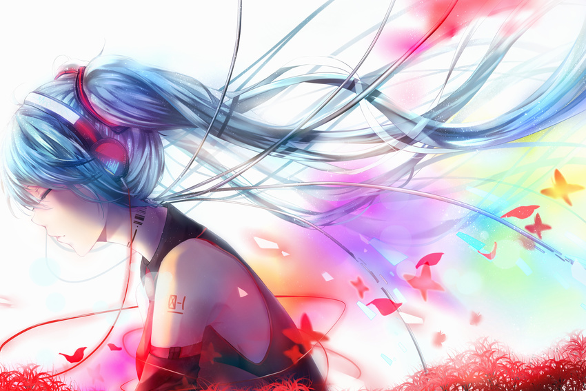 aqua_hair butterfly grass hatsune_miku headphones long_hair petals tattoo twintails vocaloid white wires yuki_sakura