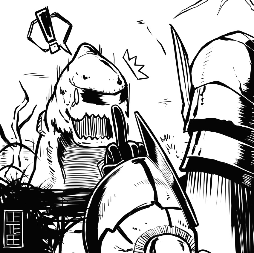 absurdres armor cete_(controllingtime) commentary_request greyscale highres jyuratodus jyuratodus_(armor) middle_finger monochrome monster_hunter:_world monster_hunter_(character) monster_hunter_(series) solo