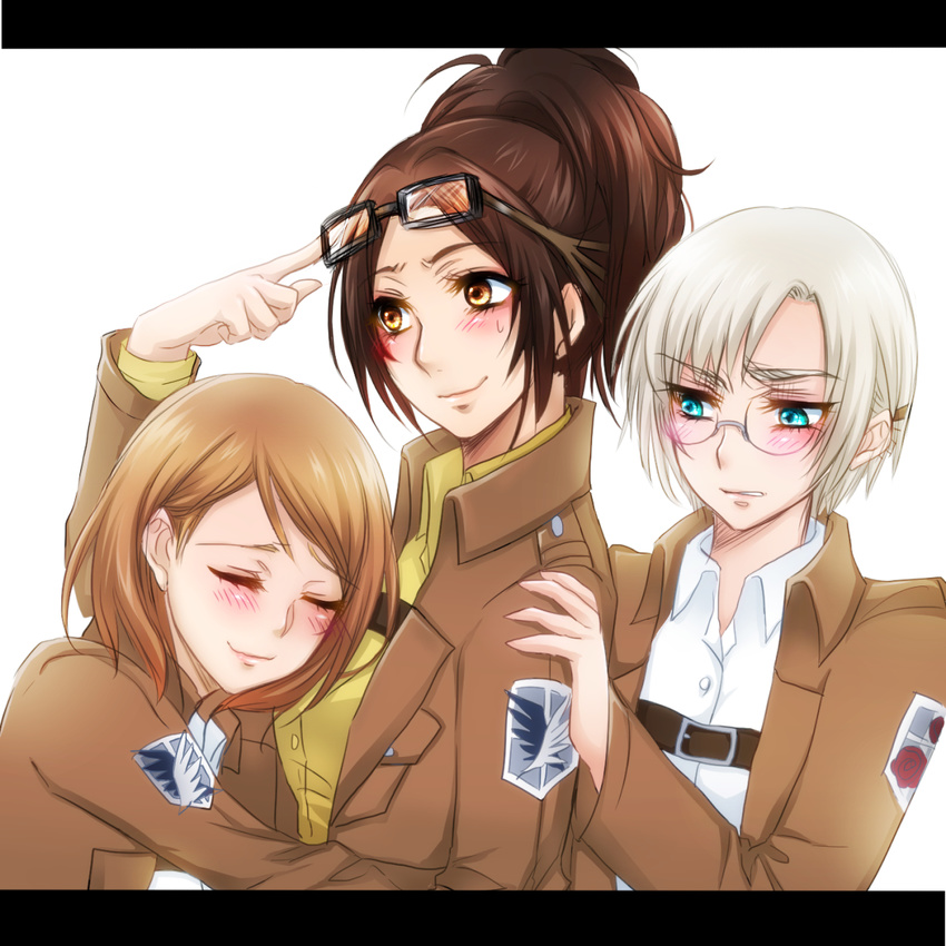 3girls blue_eyes blush brown_hair closed_eyes commentary_request emblem garrison_regiment_(emblem) glasses goggles goggles_on_head hange_zoe highres hug jacket kiraki letterboxed multiple_girls paradis_military_uniform petra_ral ponytail rico_brzenska shingeki_no_kyojin short_hair silver_hair survey_corps_(emblem) uniform yuri