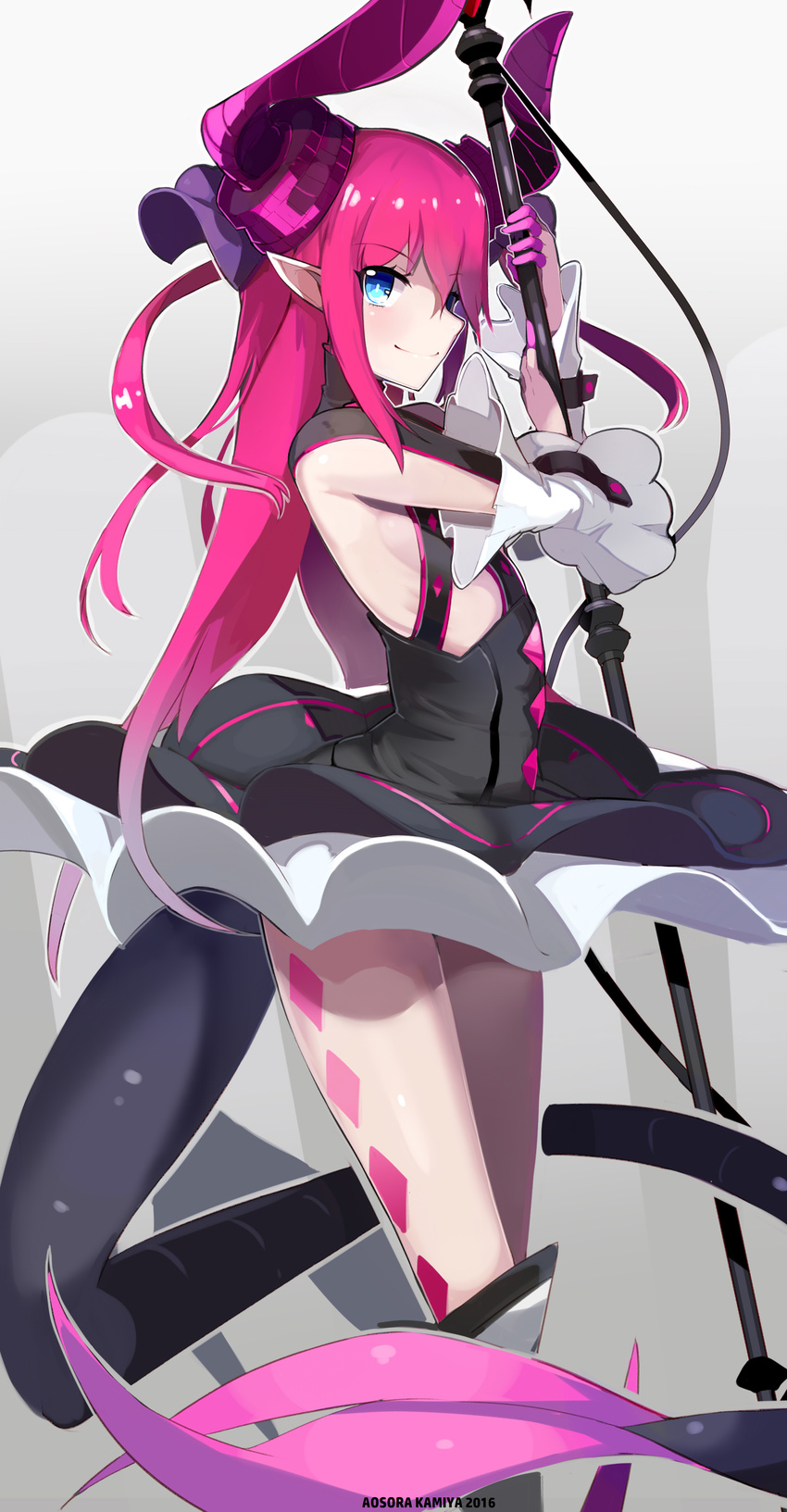 2016 absurdres aosora_kamiya argyle armpits artist_name black_dress blue_eyes blush circle_skirt closed_mouth commentary_request cowboy_shot curled_horns detached_sleeves dragon_tail dress dress_flip elizabeth_bathory_(fate) elizabeth_bathory_(fate/extra_ccc) elizabeth_bathory_(first_ascension)_(fate) fate/extra fate/extra_ccc fate_(series) female from_side hair_ribbon highres holding holding_weapon horns long_hair looking_at_viewer looking_to_the_side pink_hair pointy_ears purple_ribbon revision ribbon sarkany_csont_landzsa sidelocks smile solo tail thighs weapon