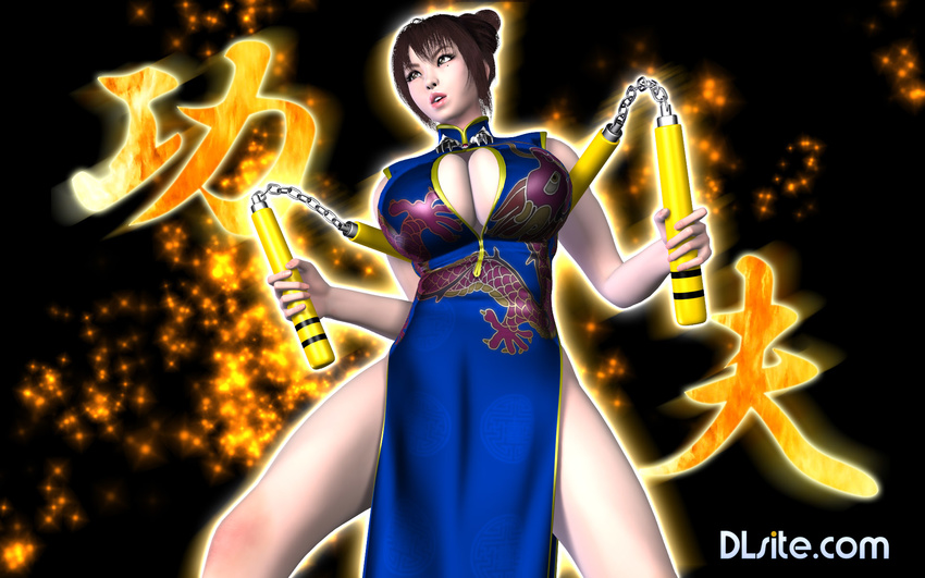 3d breasts cleavage cleavage_cutout female female huge_breasts looking_away mifuyu_(umemaro) nunchaku original solo umemaro wallpaper weapon