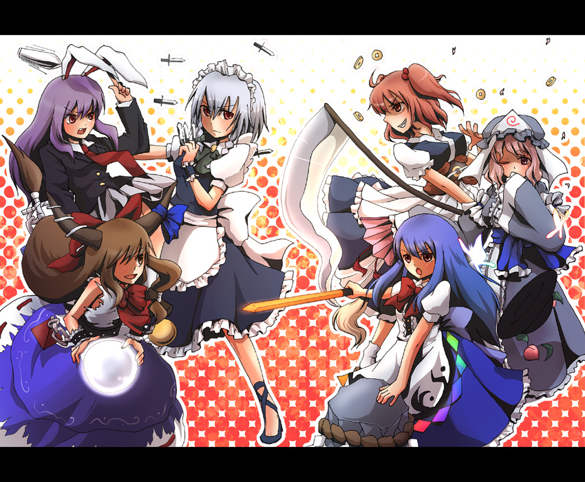 6+girls animal_ears apron bad_id bad_pixiv_id black_hair blue_hair brown_eyes brown_hair frills grey_hair hinanawi_tenshi horn_ornament horn_ribbon horns ibuki_suika izayoi_sakuya japanese_clothes kimono knife long_hair maid_apron maid_headdress multiple_girls necktie onozuka_komachi pink_eyes pink_hair purple_hair rabbit_ears red_eyes red_hair reisen_udongein_inaba ribbon saigyouji_yuyuko scythe sword_of_hisou touhou triangular_headpiece urita_(vivivinicol) wide_sleeves