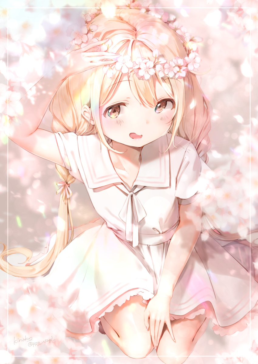 :d blonde_hair blurry brown_eyes cherry_blossoms commentary depth_of_field dress falling_petals female flower flower_wreath full_body futaba_anzu hair_ribbon hanami hand_on_headwear hand_on_lap hand_up head_wreath highres idolmaster idolmaster_cinderella_girls kinako_(shiratama_mochi) kira!_mankai_smile_(idolmaster) long_hair looking_at_viewer low_twintails open_mouth outdoors petals ribbon sailor_collar sailor_dress sash school_uniform seiza signature sitting smile solo twintails twitter_username very_long_hair white_dress white_sailor_collar