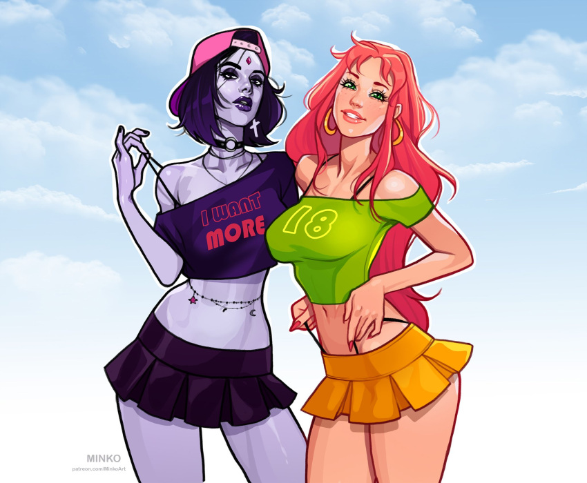 2girls alien alien_girl alien_humanoid breasts cambion dc dc_comics demon demon_girl digital_media_(artwork) eyelashes female female_focus female_only fully_clothed goth goth_girl grey-skinned_female grey_body grey_skin hair half_demon hourglass_figure human humanoid large_breasts legs lips minko olena_minko pale-skinned_female purple_eyes purple_hair rachel_roth raven_(dc) short_hair sorceress starfire superhero superheroine tamaranean teen_titans thick_thighs thighs thong thong_straps upper_body voluptuous whale_tail wide_hips