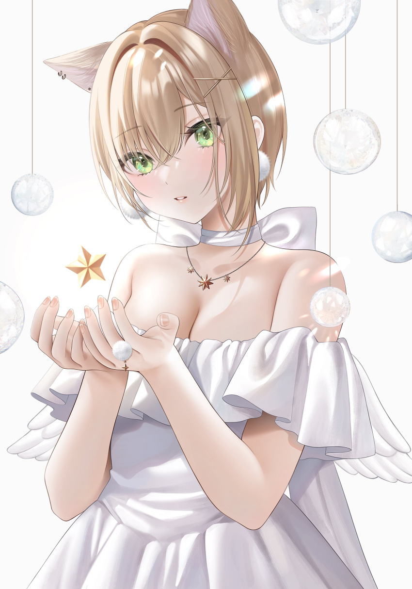 absurdres angel_wings animal_ears bare_shoulders blonde_hair blush breasts cat_ears choker cleavage commentary crossed_bangs cupping_hands dangling dress earrings english_commentary expressionless feathered_wings female floating frilled_dress frills green_eyes hair_between_eyes hair_intakes hair_ornament hair_over_eyes hairclip hands_up highres holding holding_star iris_black_games jewelry kurumi_noah looking_at_viewer medium_breasts necklace off-shoulder_dress off_shoulder own_hands_together parted_lips pleated_dress pom_pom_(clothes) pom_pom_earrings pom_pom_ring pomelunch refraction ribbon ring short_hair simple_background solo star_(symbol) star_necklace virtual_youtuber vspo! white_background white_dress white_ribbon wings x_hair_ornament