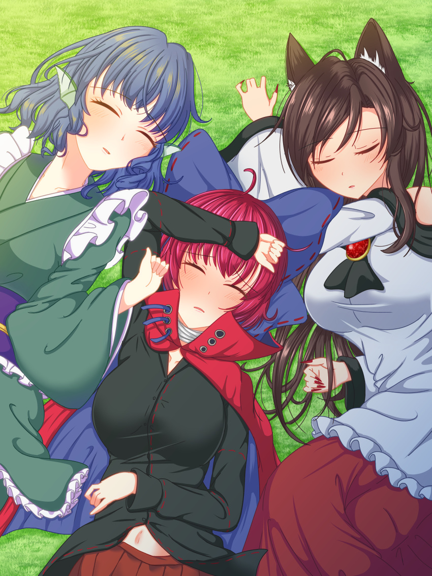 3girls absurdres animal_ear_fluff animal_ears baketsumuri bandages black_shirt blue_bow blue_hair bow breasts brooch brown_hair cloak closed_eyes dress drill_hair drill_sidelocks fingernails fins frilled_kimono frills grass grass_root_youkai_network green_kimono hairbow head_fins highres imaizumi_kagerou japanese_clothes jewelry kimono long_fingernails long_hair long_sleeves multiple_girls navel obi off-shoulder_dress off_shoulder purple_sash red_cloak red_hair red_nails red_skirt sash sekibanki sekibanki_day shirt short_hair sidelocks skirt sleeping touhou wakasagihime white_dress wolf_ears