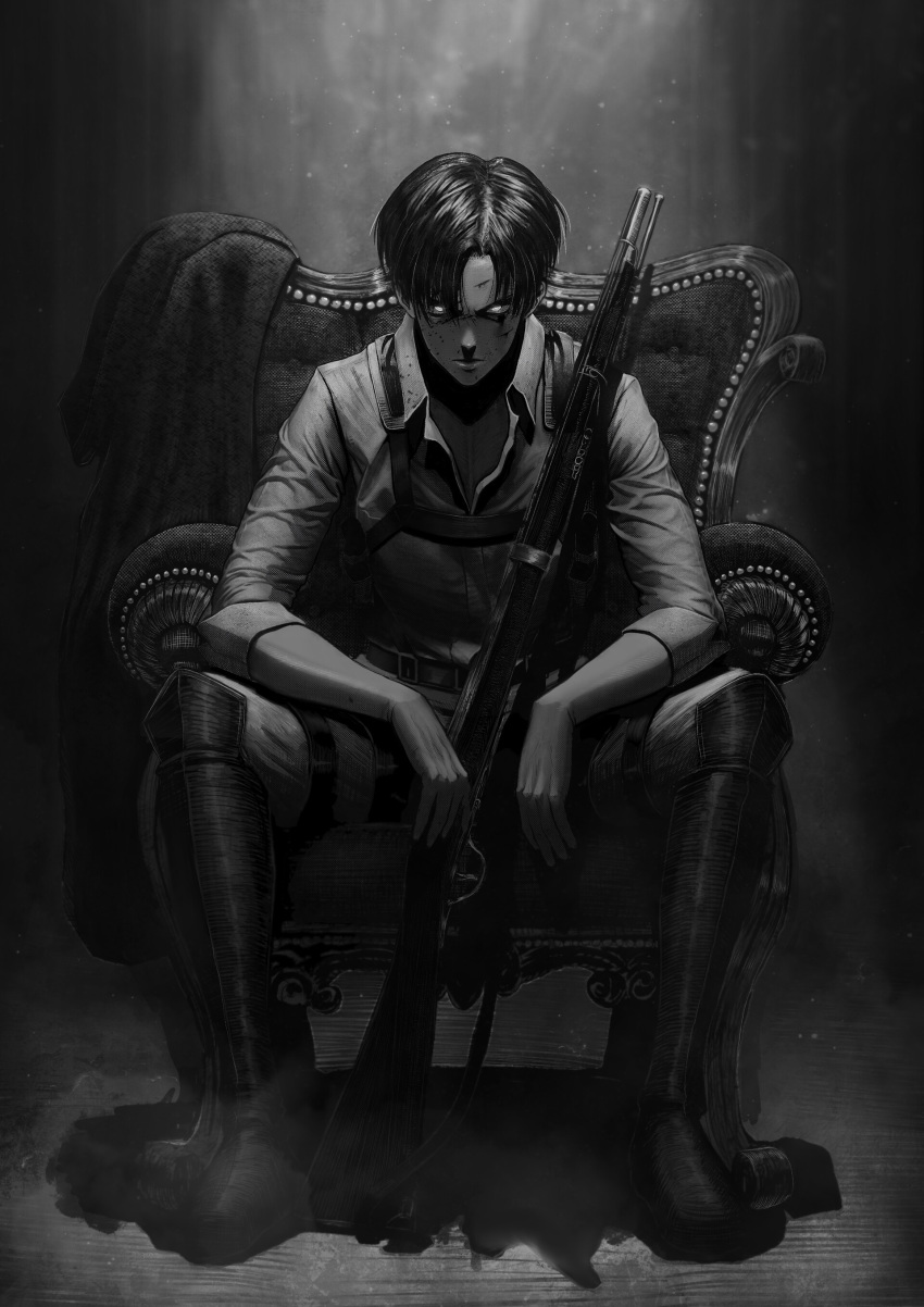 1boy absurdres belt black_eyes black_hair boots cape_removed chair collared_shirt gun highres inking jacket jacket_removed levi_(shingeki_no_kyojin) male_focus manip monochrome paradis_military_uniform rifle serious shingeki_no_kyojin shirt short_hair sitting sleeves_rolled_up solo thigh_strap undercut weapon