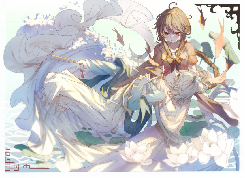 2girls brown_eyes brown_hair chinese_clothes fan fish flower folding_fan green_eyes long_hair lotus luo_tianyi multiple_girls silver_hair vocaloid vsinger water white_lotus you_hashira yuezheng_ling