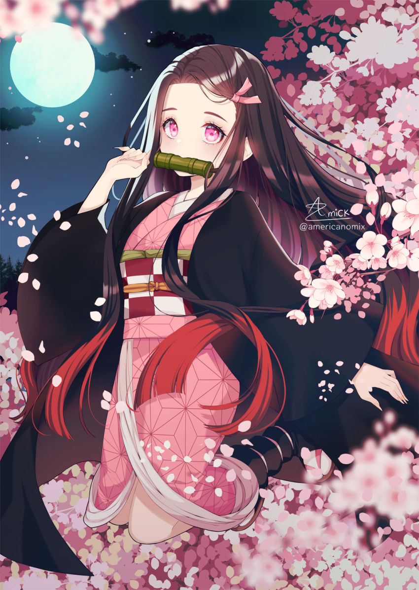 amick_(americanomix) bit_gag black_hair black_legwear blurry blurry_foreground blush breasts cherry_blossoms cloud dress eyebrows eyelashes feet female fingernails full_moon gag gagged glowing glowing_eyes hair_ribbon haori highres japanese_clothes kamado_nezuko kimetsu_no_yaiba kimono kneeling legs long_fingernails long_hair long_sleeves looking_at_viewer moon multicolored_hair night patterned_clothing pink_dress pink_eyes pink_kimono pink_ribbon red_hair ribbon signature small_breasts solo star_(sky) tabi twitter_username two-tone_hair very_long_hair watermark