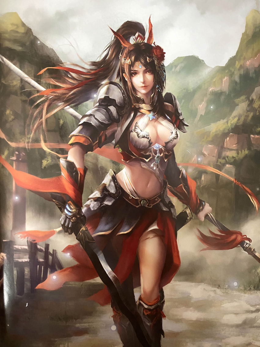 absurdres armor bad_id bad_pixiv_id breasts brown_eyes brown_hair cleavage closed_mouth dual_wielding faulds female floating_hair haoba high_ponytail highres holding holding_polearm holding_sword holding_weapon legend_of_the_three_kingdoms long_hair looking_at_viewer medium_breasts midriff navel outdoors polearm red_skirt shoulder_armor skirt smile solo standing stomach sword very_long_hair weapon