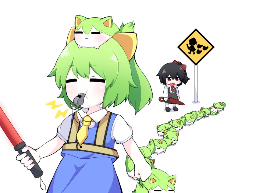 2girls bad_id bad_twitter_id black_footwear black_hair black_skirt blue_skirt blue_vest blush bow closed_eyes collared_shirt colored_skin commentary_request cookie_(touhou) cowboy_shot daiyousei diyusi_(cookie) full_body green_hair hairbow high-visibility_vest holding holding_umbrella long_sleeves medium_hair multiple_girls necktie open_mouth ponytail red_eyes red_necktie road_sign shirt shoes short_sleeves sign siyudi_(cookie) skirt sukusuku_hakutaku suspender_skirt suspenders totozame touhou traffic_baton umbrella vest whistle white_background white_shirt white_skin yellow_bow yellow_necktie