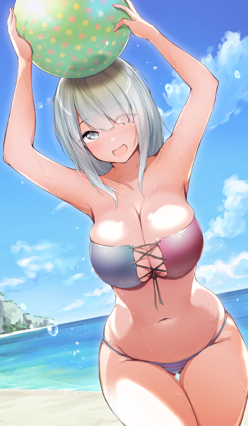 arms_up ball bandeau beach beachball beyblade bikini blue_bikini blue_sky breasts cleavage cloud commentary_request day dermar eyes_visible_through_hair female grey_eyes grey_hair hair_over_one_eye heterochromia highres holding holding_ball horizon large_breasts long_hair looking_at_viewer navel ocean open_mouth outdoors pink_eyes sainen_yuko skindentation sky smile solo standing stomach striped_bikini striped_clothes swimsuit water_drop