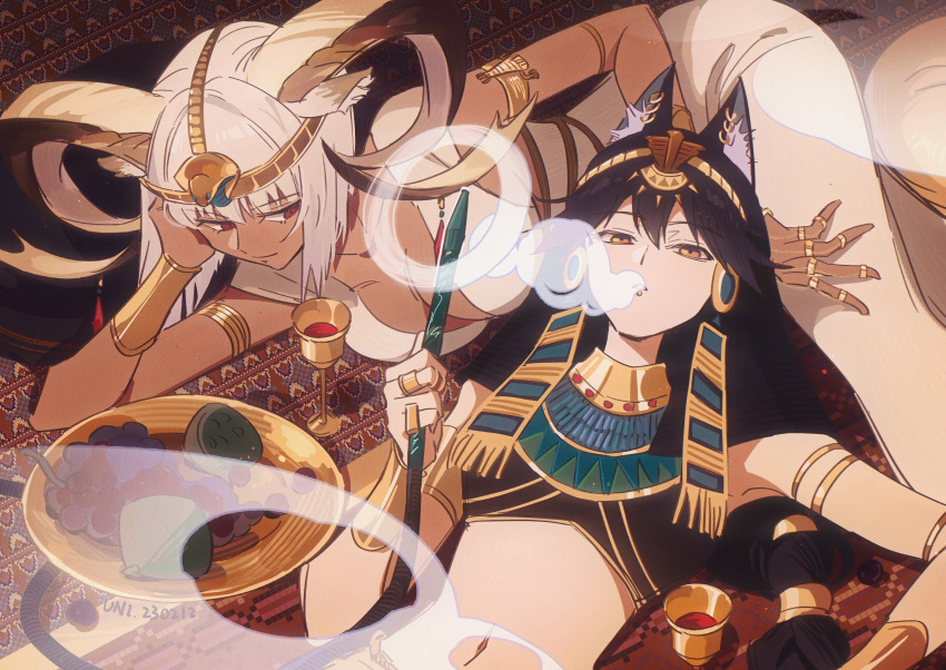 2girls alternate_costume animal_ear_fluff animal_ears arknights armlet bare_shoulders breasts carnelian_(arknights) chalice chinese_commentary circlet commentary_request crop_top cup dark-skinned_female dark_skin dress egyptian egyptian_clothes food fruit grapes haidan_uniiii highres hookah horns large_breasts long_hair looking_at_viewer midriff multiple_girls navel parted_lips plate red_eyes short_hair smoke stomach texas_(arknights) usekh_collar white_dress white_hair wolf_ears yellow_eyes